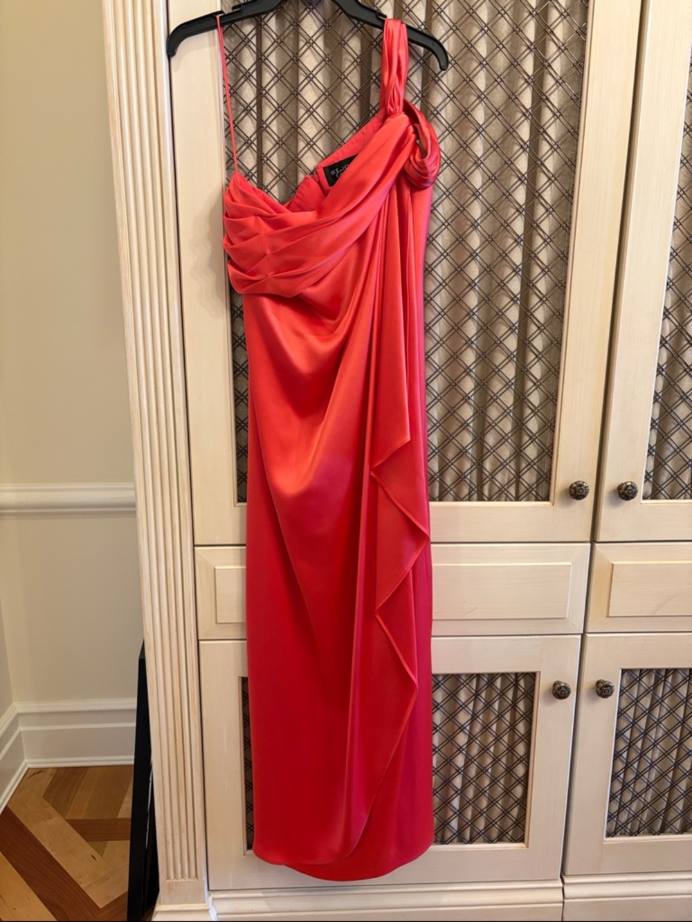 St. John One-Shoulder Draped Gown in Coral Pink
